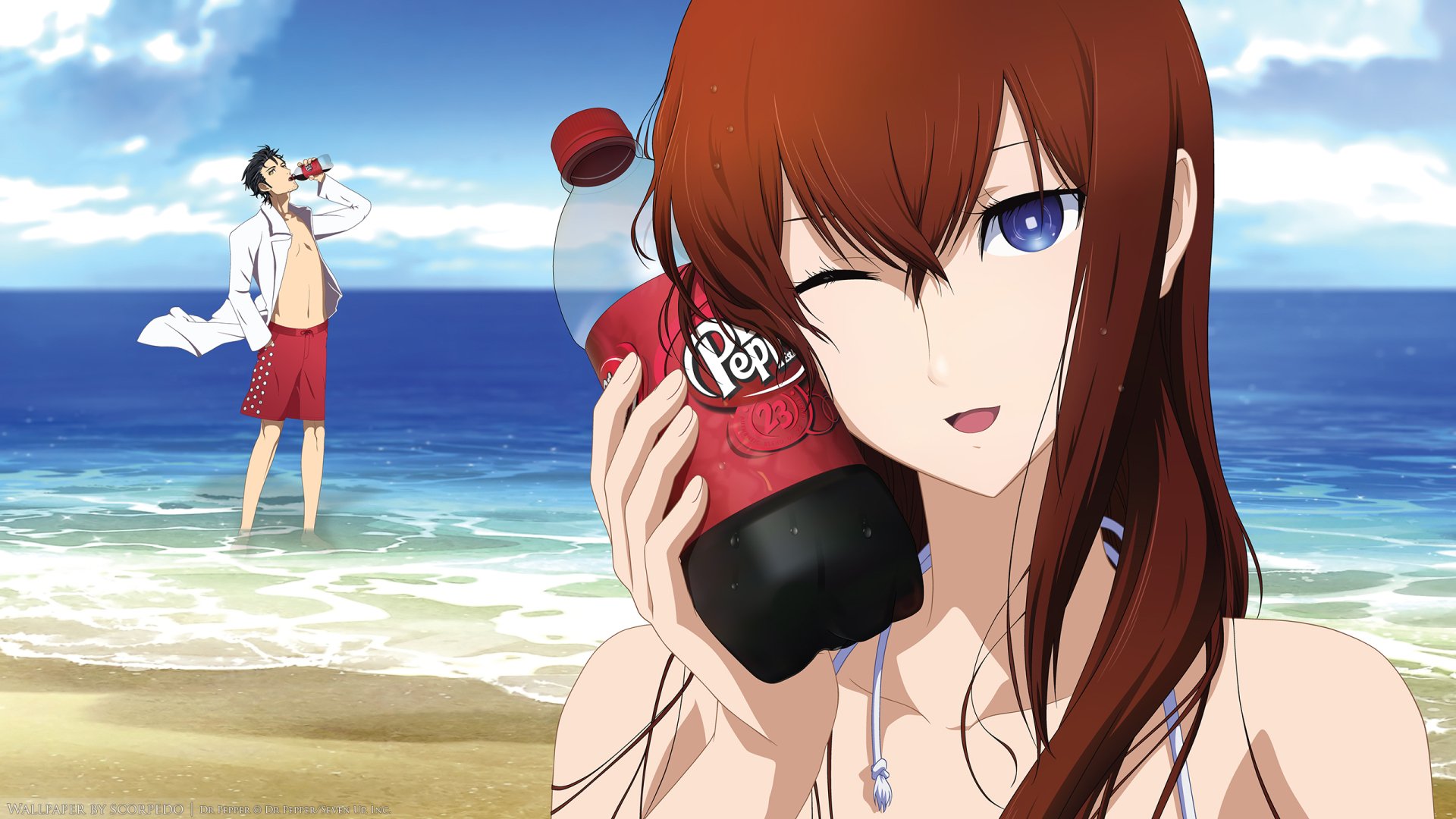 An HD wallpaper featuring Rintaro Okabe and Kurisu Makise from Steins;Gate, captured on a beach with Kurisu playfully holding a drink while Okabe relaxes in the background.