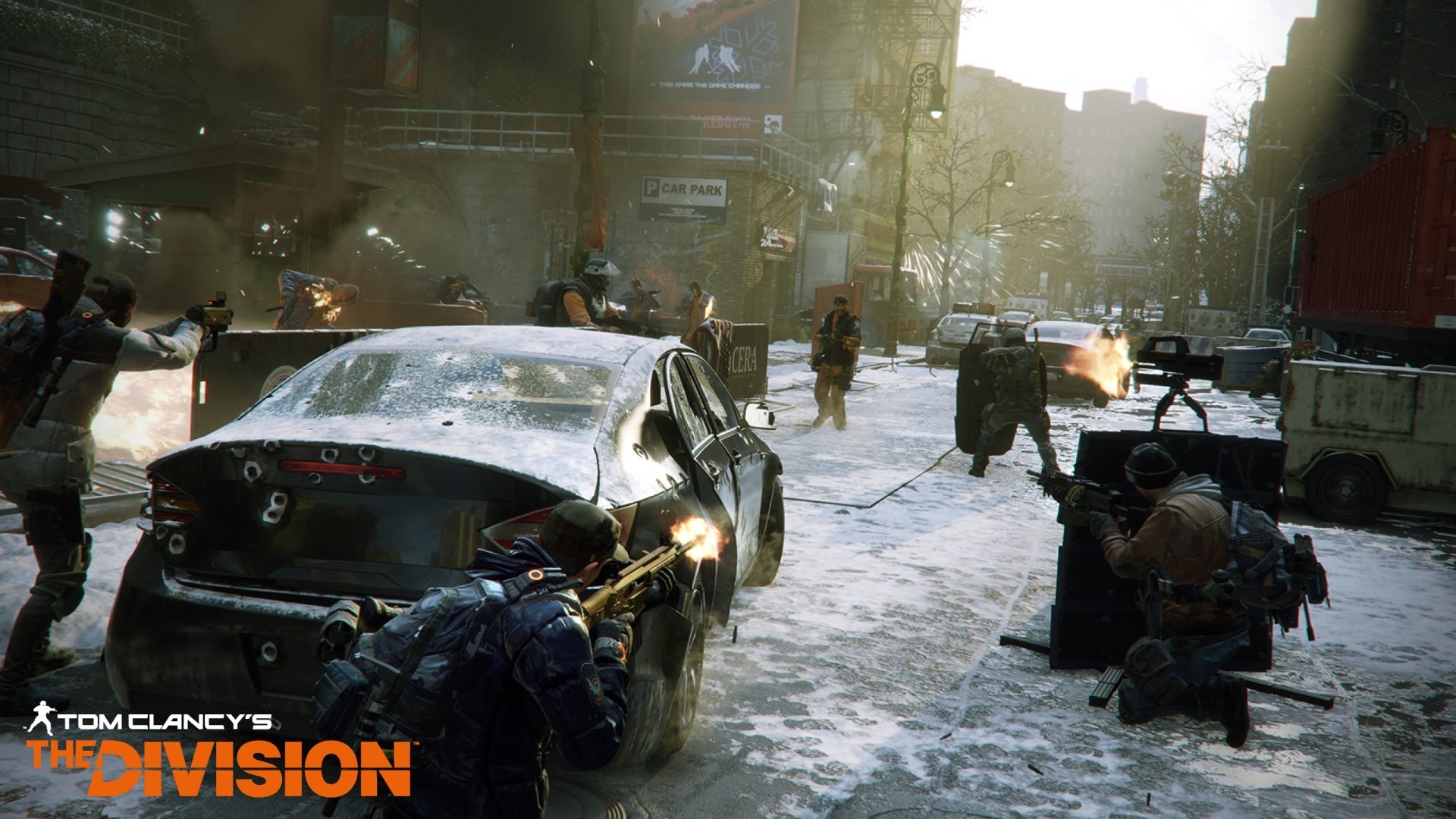 Tom Clancy's The Division video game: armed agents in a snowy, ruined city street firefight — 2K Quad HD PC desktop wallpaper/background.