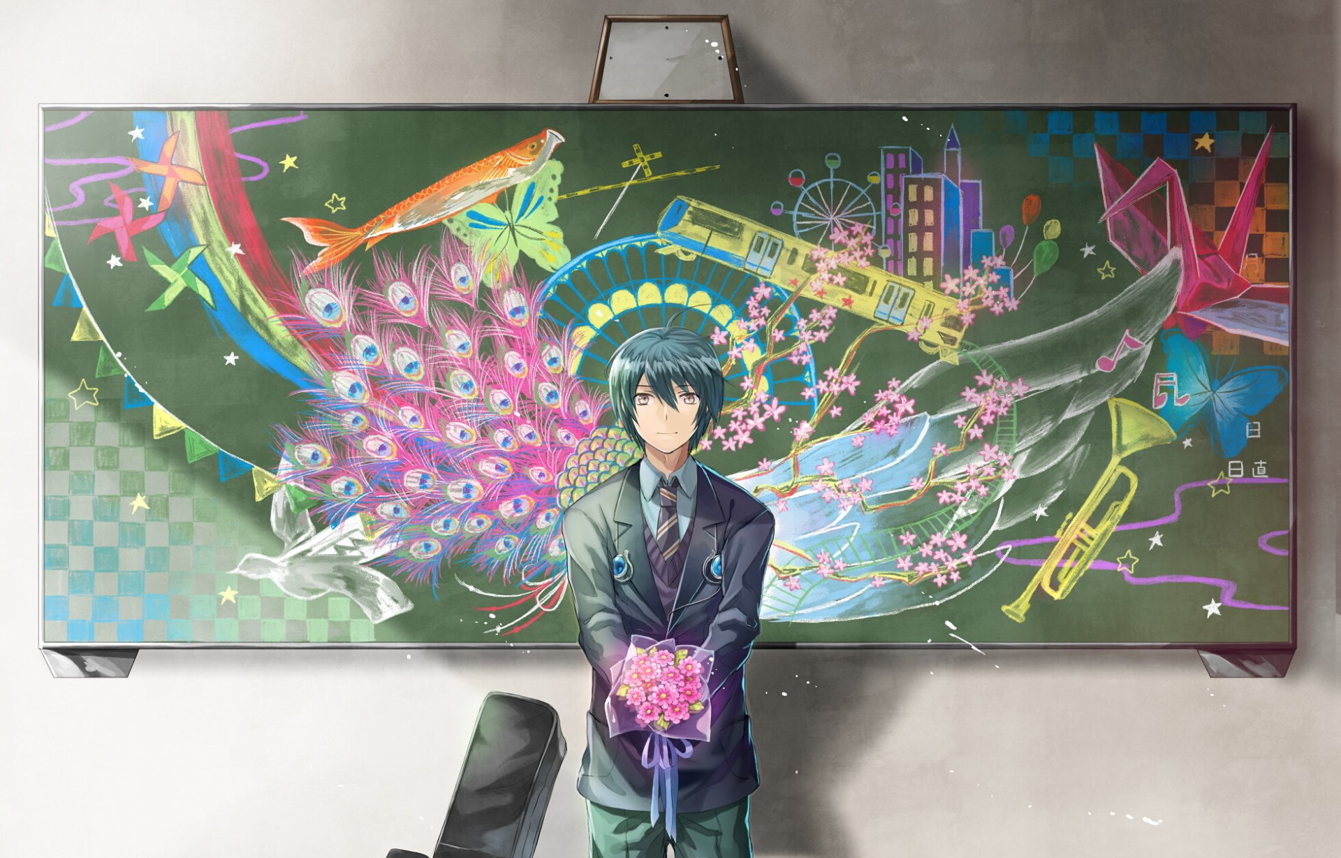 A vibrant anime-themed HD desktop wallpaper featuring a character holding flowers, surrounded by colorful artistic elements like peacocks, cherry blossoms, and abstract designs.
