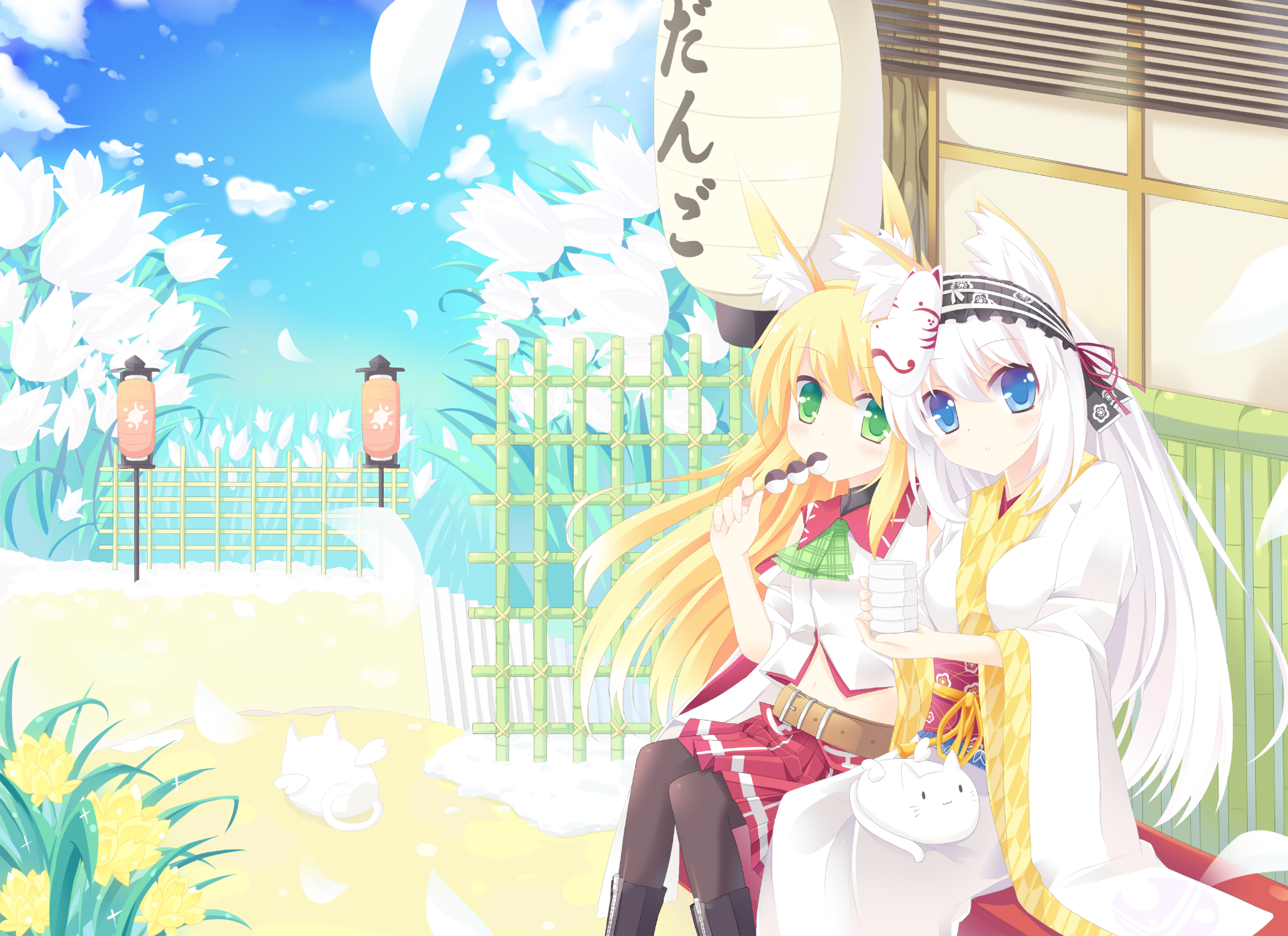 HD anime original desktop wallpaper featuring two girls with contrasting hair colors embracing in a bright, serene garden setting with traditional Japanese elements.