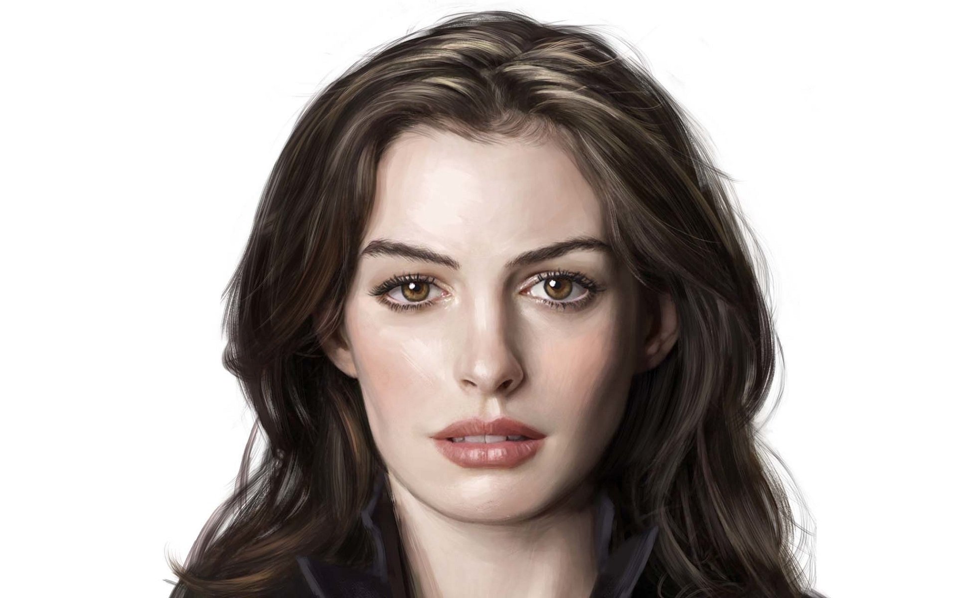 HD PC desktop wallpaper featuring a detailed portrait of celebrity Anne Hathaway with natural makeup and loose dark hair against a white background.