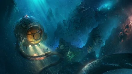 An enchanting underwater scene features a fantastical sea monster and a mysterious mermaid, illuminated by the light of a submersible exploring the deep ocean.