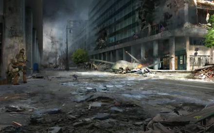 Artistic HD PC desktop wallpaper and background of a ruined city street with a crouched soldier, a hovering drone, and military debris amid damaged buildings and smoke.