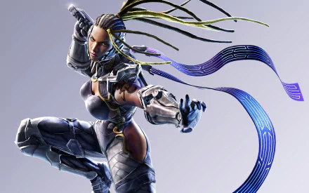 Master Raven from Tekken 7 in a dynamic fighting pose, showcased in a 4K Ultra HD PC desktop wallpaper with detailed armor and flowing ribbons.