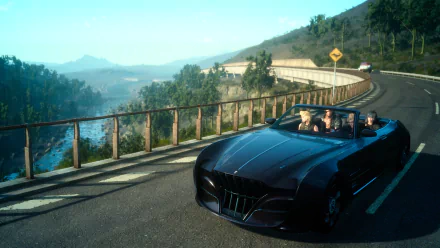 HD PC desktop wallpaper featuring a scenic coastal drive with characters from the video game Final Fantasy XV riding in a sleek black convertible car.