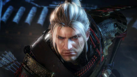 HD PC desktop wallpaper featuring a close-up of a determined warrior character from the video game Nioh, showcasing detailed armor and intense expression.