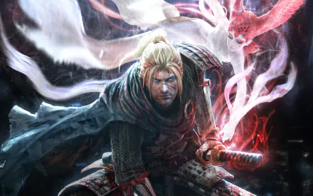 Dynamic HD desktop wallpaper featuring a character from the video game Nioh, brandishing a sword with intense energy and spectral creatures surrounding him.