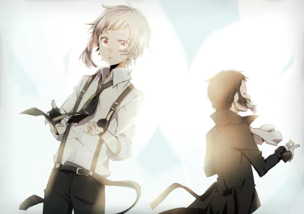 A beautifully detailed HD desktop wallpaper featuring Ryūnosuke Akutagawa and Atsushi Nakajima from the anime Bungou Stray Dogs, set against a soft, glowing background.