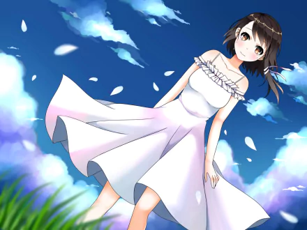 A serene HD wallpaper featuring Kosaki Onodera from the anime Nisekoi, standing gracefully in a flowing white dress under a bright blue sky scattered with petals.