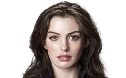 HD PC desktop wallpaper featuring a detailed portrait of celebrity Anne Hathaway with natural makeup and loose dark hair against a white background.