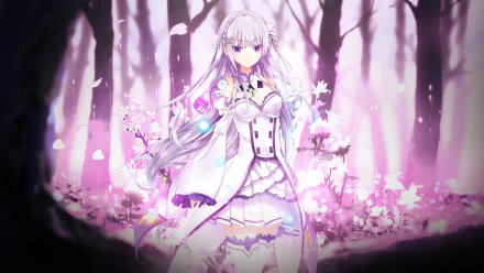 Emilia from Re:ZERO - Starting Life in Another World stands gracefully amidst a magical, flower-filled forest, captured in a stunning HD wallpaper.