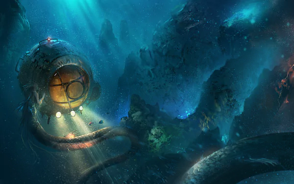 An enchanting underwater scene features a fantastical sea monster and a mysterious mermaid, illuminated by the light of a submersible exploring the deep ocean.