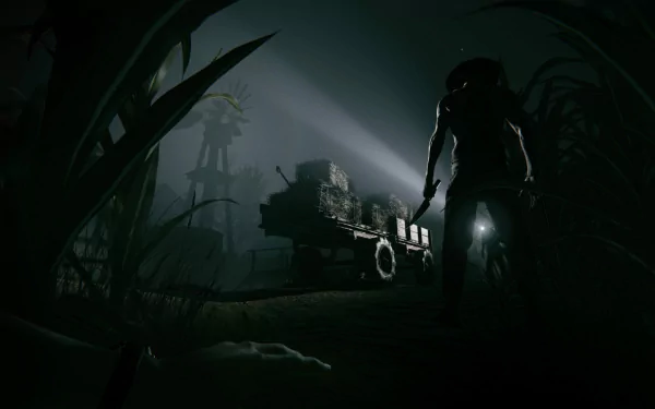 A dark, atmospheric scene from the video game Outlast 2, featuring a figure holding a weapon in a shadowy environment, illuminated by beams of light. HD PC desktop wallpaper.