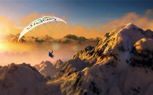 Steep (video game) HD PC desktop wallpaper/background: a paraglider soars above sunlit, snow-covered Alpine peaks at golden sunset.
