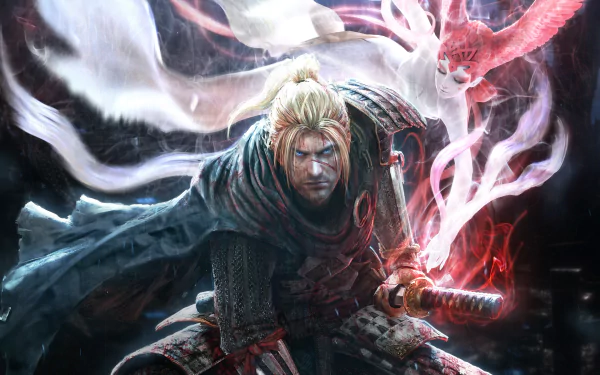 Dynamic HD desktop wallpaper featuring a character from the video game Nioh, brandishing a sword with intense energy and spectral creatures surrounding him.