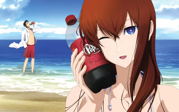 An HD wallpaper featuring Rintaro Okabe and Kurisu Makise from Steins;Gate, captured on a beach with Kurisu playfully holding a drink while Okabe relaxes in the background.