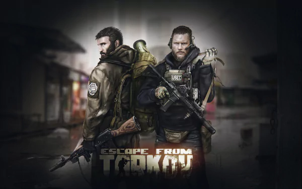 Escape from Tarkov video game 4K Ultra HD PC desktop wallpaper and background — two armed operatives back-to-back in a ruined urban street, game logo at the bottom, moody cinematic lighting.