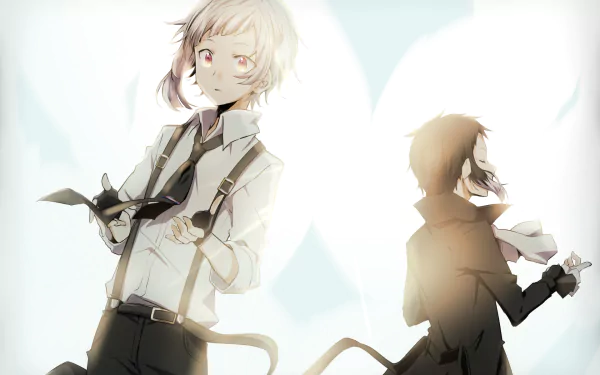 A beautifully detailed HD desktop wallpaper featuring Ryūnosuke Akutagawa and Atsushi Nakajima from the anime Bungou Stray Dogs, set against a soft, glowing background.