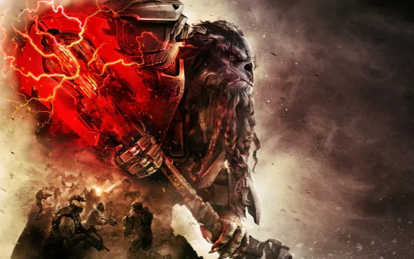 HD PC desktop wallpaper featuring a fierce warrior from the video game Halo Wars 2, wielding a glowing, electrified weapon amid a smoky battlefield.