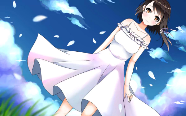 A serene HD wallpaper featuring Kosaki Onodera from the anime Nisekoi, standing gracefully in a flowing white dress under a bright blue sky scattered with petals.