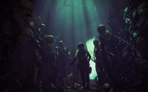 4K Ultra HD desktop wallpaper from the video game Rise of the Tomb Raider, depicting a figure standing amidst ancient skeletal statues in a dark, eerie cavern.
