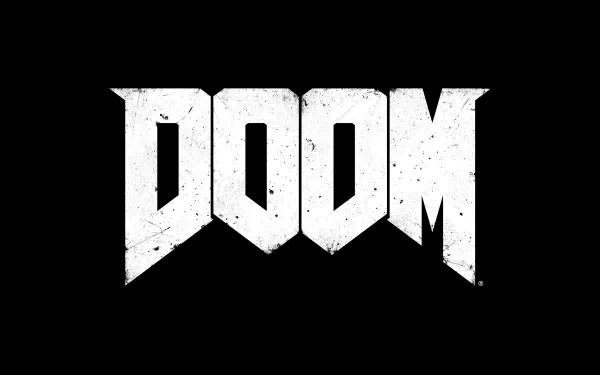 Doom (2016) logo in bold, distressed white text on a black background, designed as a 4K Ultra HD PC desktop wallpaper and background.