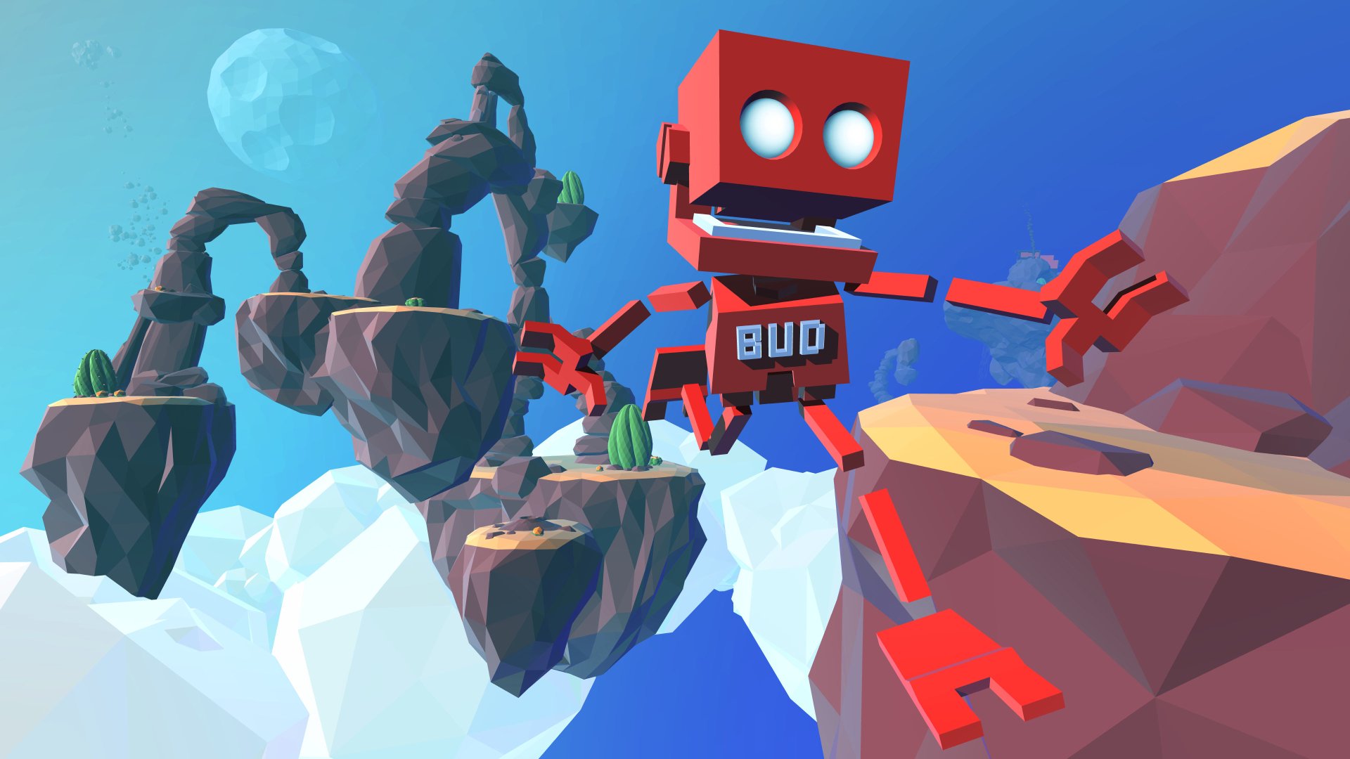 4K Ultra HD PC desktop wallpaper from the video game Grow Up: red robot BUD leaping between floating rock islands over clouds under a moon, low-poly colorful background.