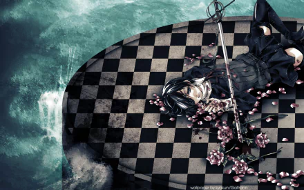 HD PC desktop wallpaper featuring Ciel Phantomhive from the anime Black Butler, lying on a checkered floor with scattered pink flowers and a sword.