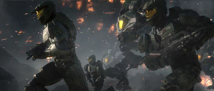 A dynamic scene from the video game Halo Wars 2, featuring futuristic soldiers and mechs amidst a dramatic backdrop, designed as an HD PC desktop wallpaper and background.