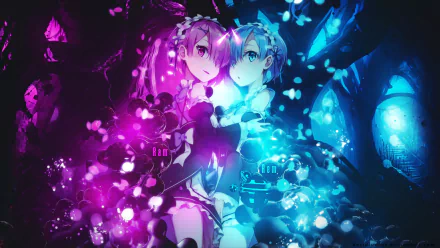 HD desktop wallpaper featuring Ram and Rem from the anime Re:Zero - Starting Life in Another World. The twins stand against a mystical backdrop with vibrant purple and blue hues, highlighting their blue eyes and short hair.