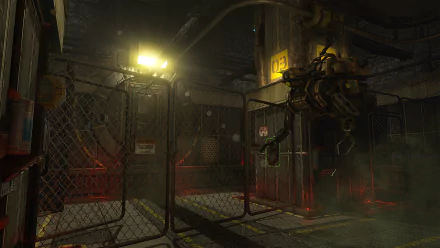 HD PC desktop wallpaper from the video game SOMA, depicting a dimly lit industrial environment with a robotic machine near a fenced area.