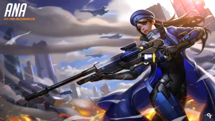 HD desktop wallpaper featuring Ana from the video game Overwatch, depicted in her combat gear with a sniper rifle, set against a dynamic backdrop of a cityscape with flying aircrafts and smoke.