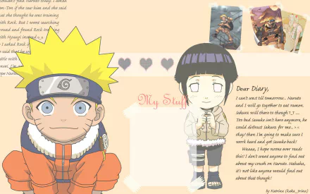 A vibrant HD wallpaper featuring Naruto Uzumaki and Hinata Hyuga from the anime Naruto, capturing their bond and unique personalities with a diary-style background.