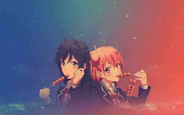 HD desktop wallpaper featuring Yukino Yukinoshita and Yui Yuigahama from the anime My Teen Romantic Comedy SNAFU. The characters are enjoying a snack together against a gradient background.