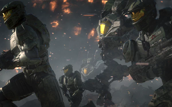 A dynamic scene from the video game Halo Wars 2, featuring futuristic soldiers and mechs amidst a dramatic backdrop, designed as an HD PC desktop wallpaper and background.