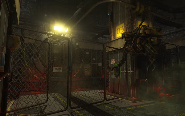 HD PC desktop wallpaper from the video game SOMA, depicting a dimly lit industrial environment with a robotic machine near a fenced area.