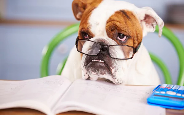 HD desktop wallpaper featuring an English bulldog wearing glasses, sitting at a table with an open book and calculator, highlighting the dog's thoughtful expression.