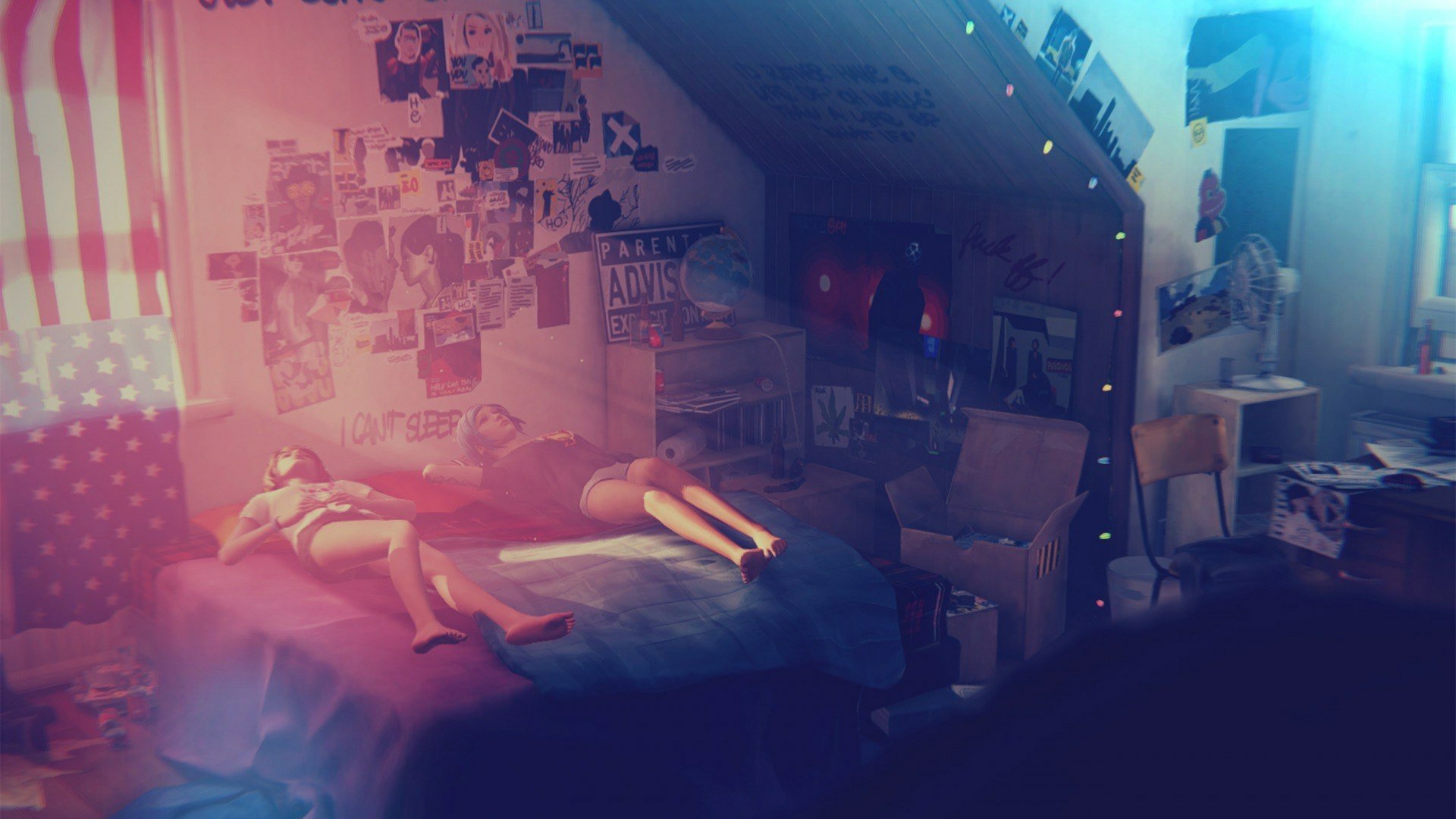 Chloe Price and Max Caulfield from the video game Life Is Strange relax in a vibrant, nostalgic room filled with posters and ambient lighting, creating an evocative atmosphere.