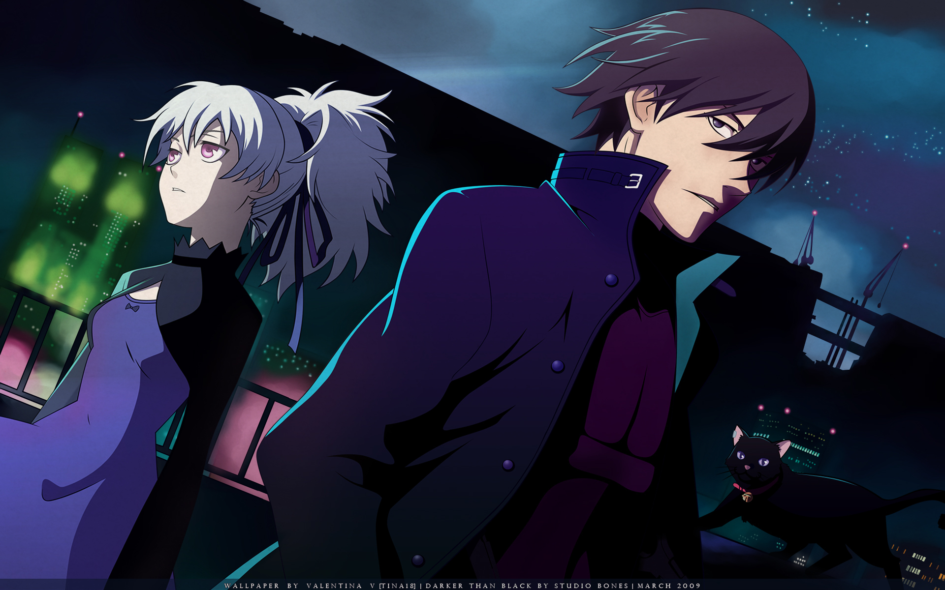 HD PC desktop wallpaper: Mao, Hei and Yin from the anime Darker than Black stand against a neon-lit night cityscape, moody, stylized anime composition.