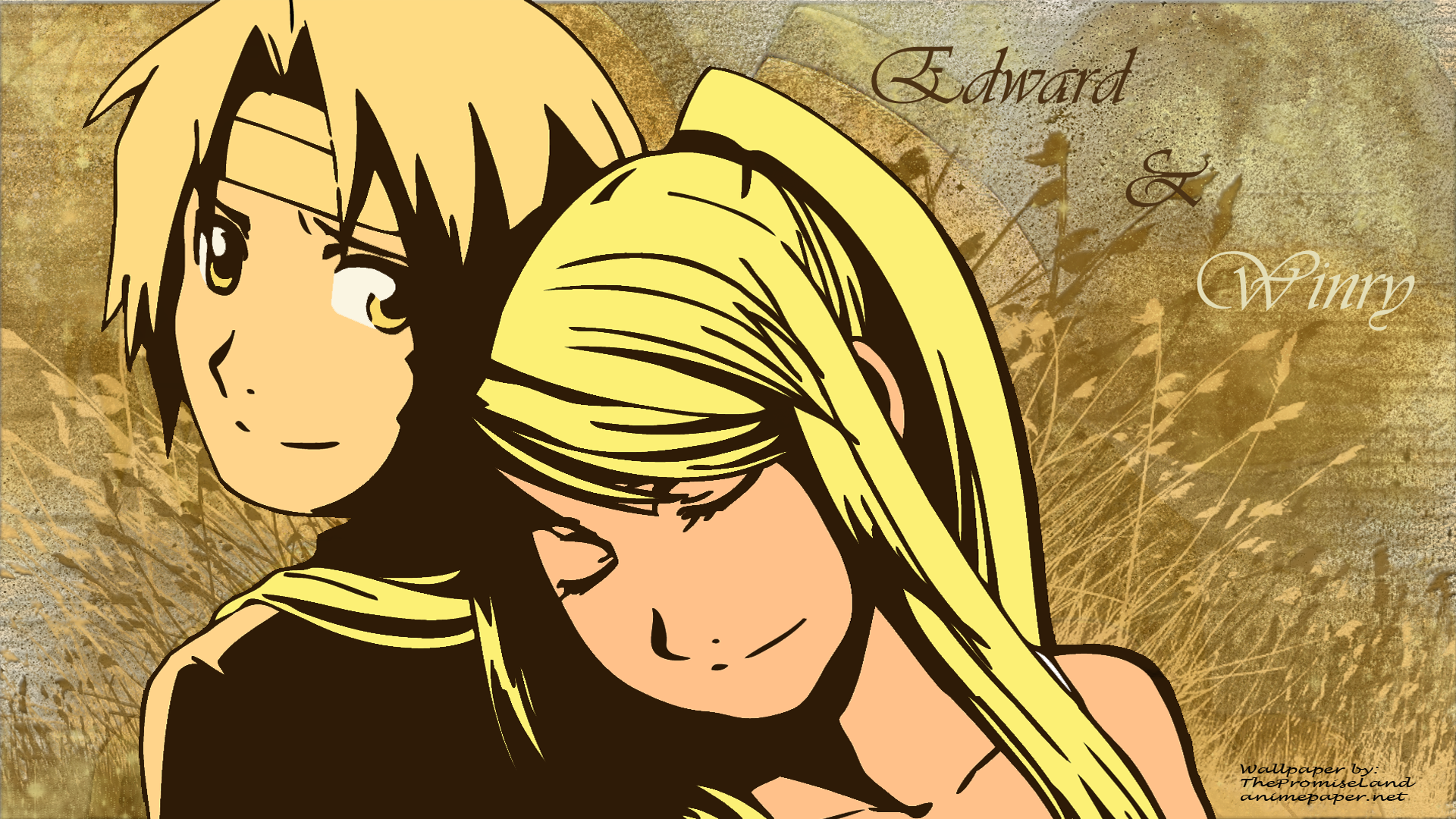 HD anime desktop wallpaper featuring Edward Elric and Winry Rockbell from Fullmetal Alchemist against a textured, earthy background.