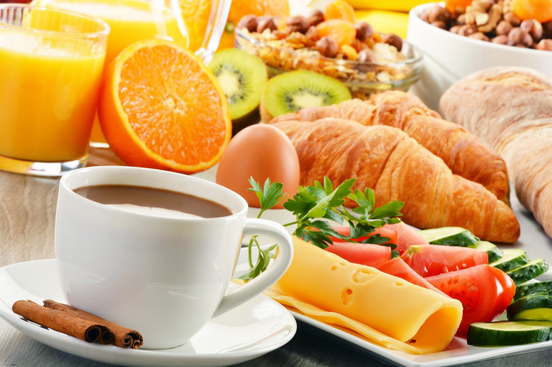 5K Ultra HD Breakfast Still Life — Coffee Cup, Croissant, Cheese, Eggs ...