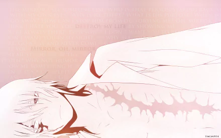 A stylized HD wallpaper featuring Allen Walker from the anime D.Gray-man, showcasing a striking design with a soft pink background and intricate details along his spine.