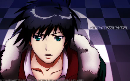 HD PC desktop wallpaper from the anime Dance In The Vampire Bund, featuring a close-up of a character with dark hair and teal eyes against a checkered background.