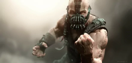 HD wallpaper featuring Bane from DC Comics in The Dark Knight Rises, showcasing his muscular build and iconic mask as he poses imposingly with a clenched fist.
