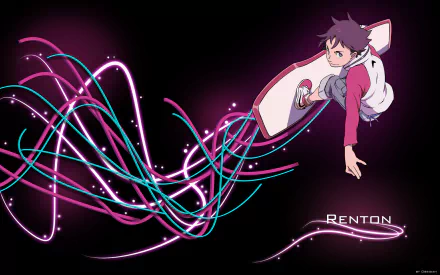 HD PC desktop wallpaper featuring Renton from the anime Eureka Seven with vibrant neon light trails on a dark background.