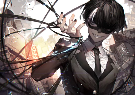 HD desktop wallpaper of Tao from the anime Noblesse, featuring a dramatic urban background with Tao dressed in a suit and mask, surrounded by dark energy tendrils.