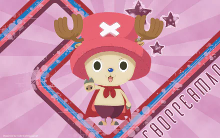 HD PC desktop wallpaper featuring Tony Tony Chopper from the anime One Piece, set against a pink background with star and diamond patterns.