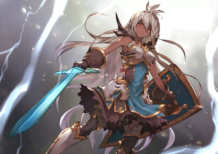 A striking HD desktop wallpaper featuring The Order Grande from Granblue Fantasy, showcasing a dynamic character wielding a sword and shield in an action-packed pose.