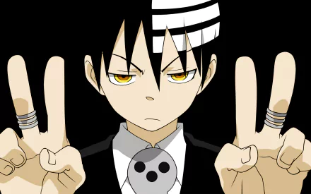 HD PC desktop wallpaper featuring Death the Kid from the anime Soul Eater, showing him in a serious pose with both hands raised displaying peace signs.