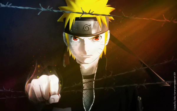 Naruto Uzumaki, the iconic anime character, is featured in this HD desktop wallpaper, showcasing his determined expression against a backdrop of vibrant colors and barbed wire.